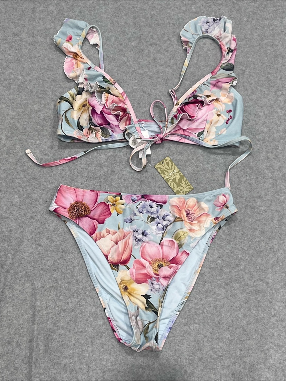 CUPSHE 2 Piece Swimsuit Bikini Blue Ruffled Floral Print Women's Size Medium